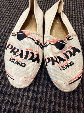 Prada Beige Canvas Espadrilles with Black & Coral Graphic